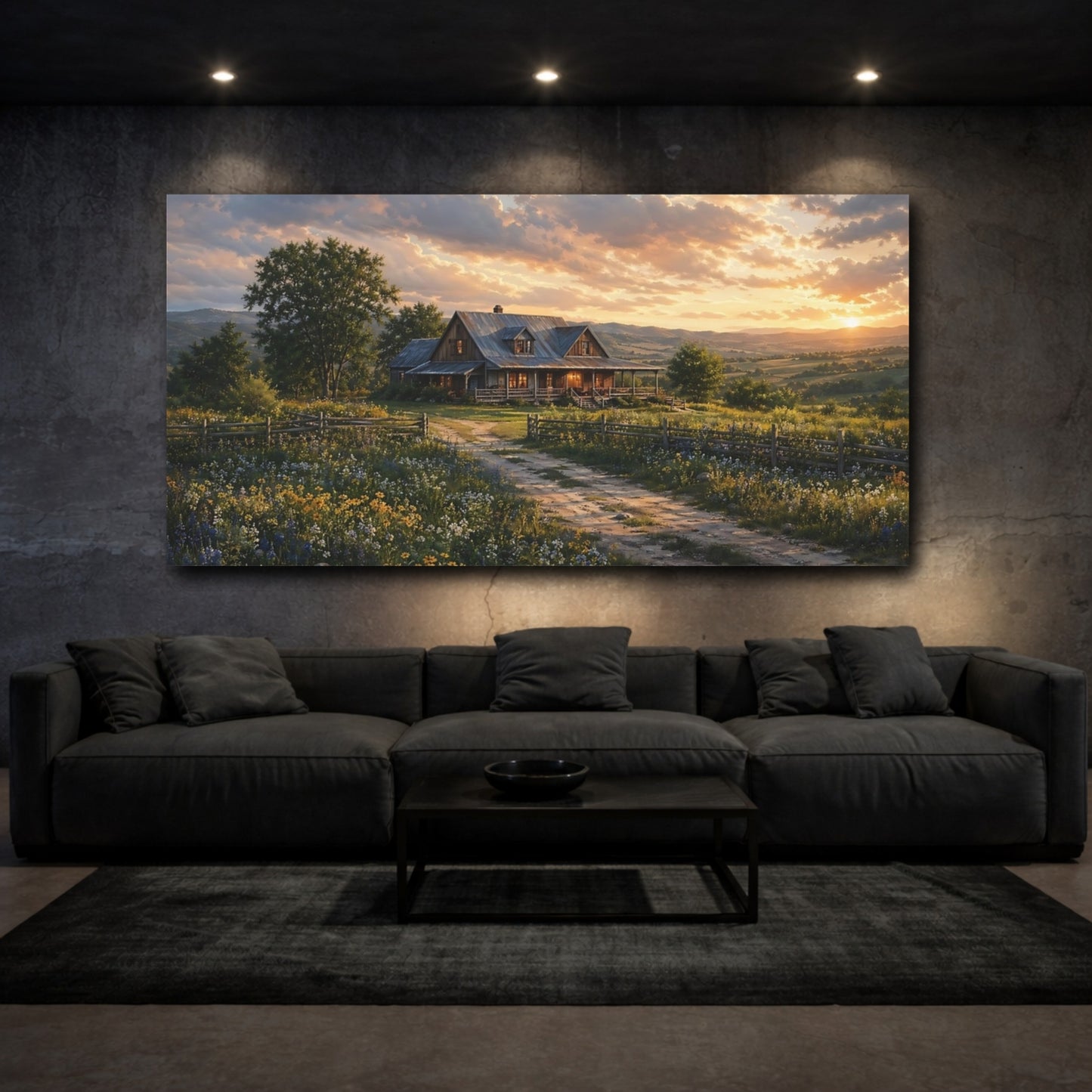 Mockup 2. Nature Farmhouse Golden Sunset Landscape shown as stretched canvas wall art