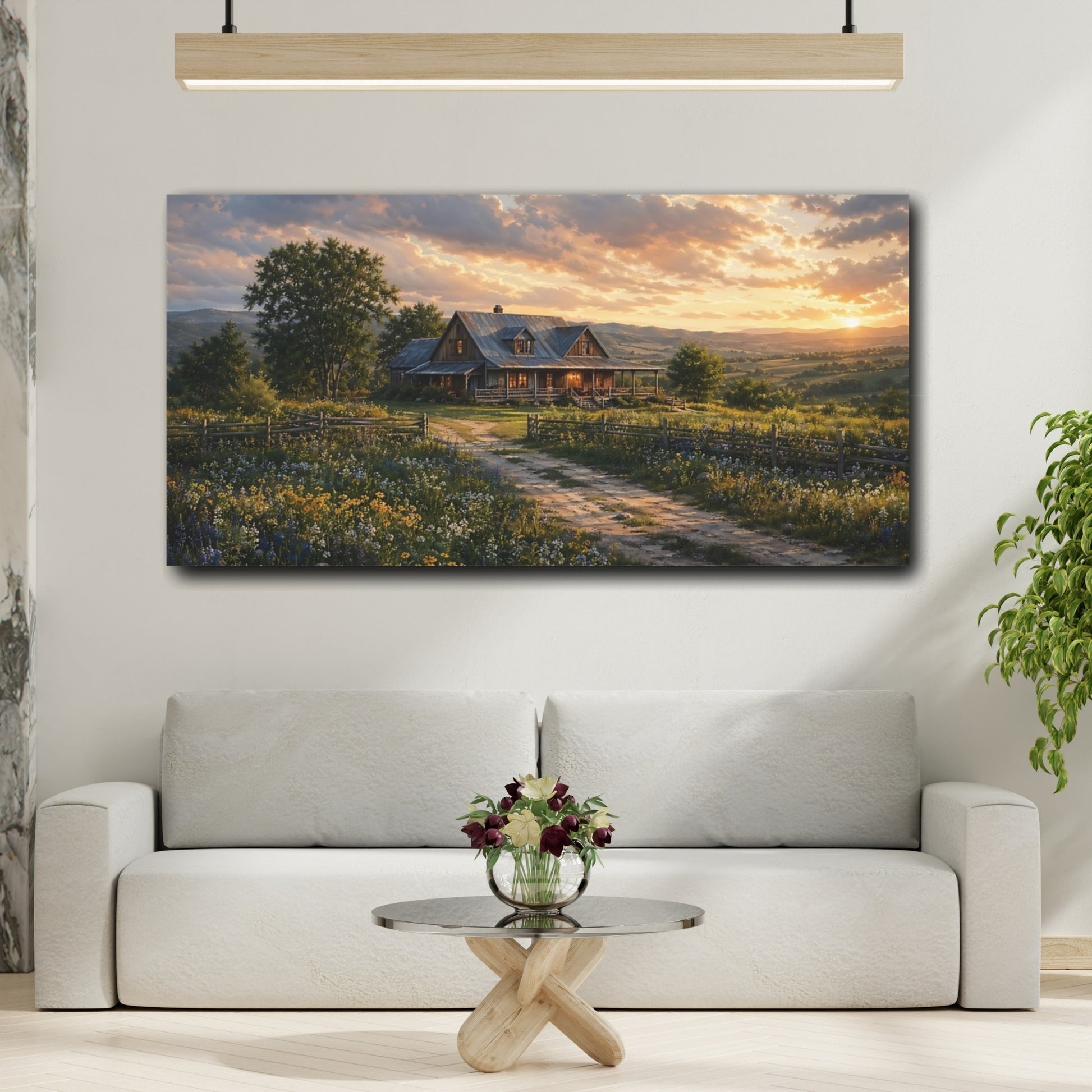 Mockup 3. Nature Farmhouse Golden Sunset Landscape shown as stretched canvas wall art
