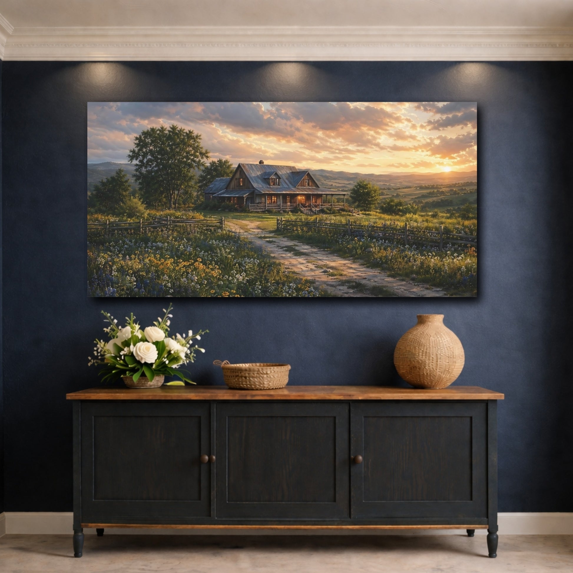 Mockup 4. Nature Farmhouse Golden Sunset Landscape shown as stretched canvas wall art