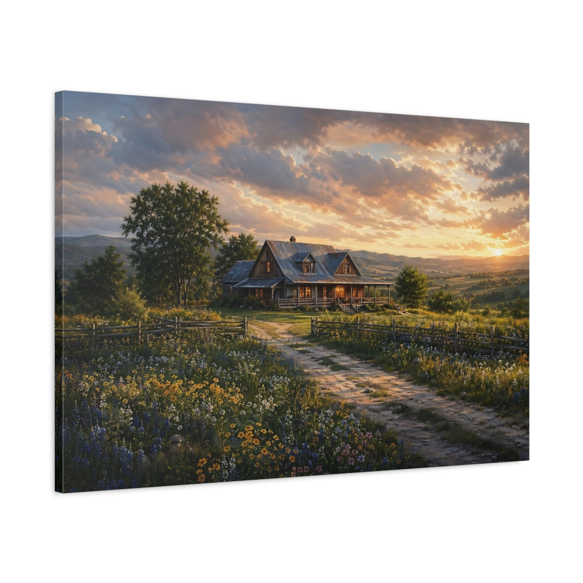 Main Mockup. Nature Farmhouse Rustic Sunset shown as stretched canvas wall art