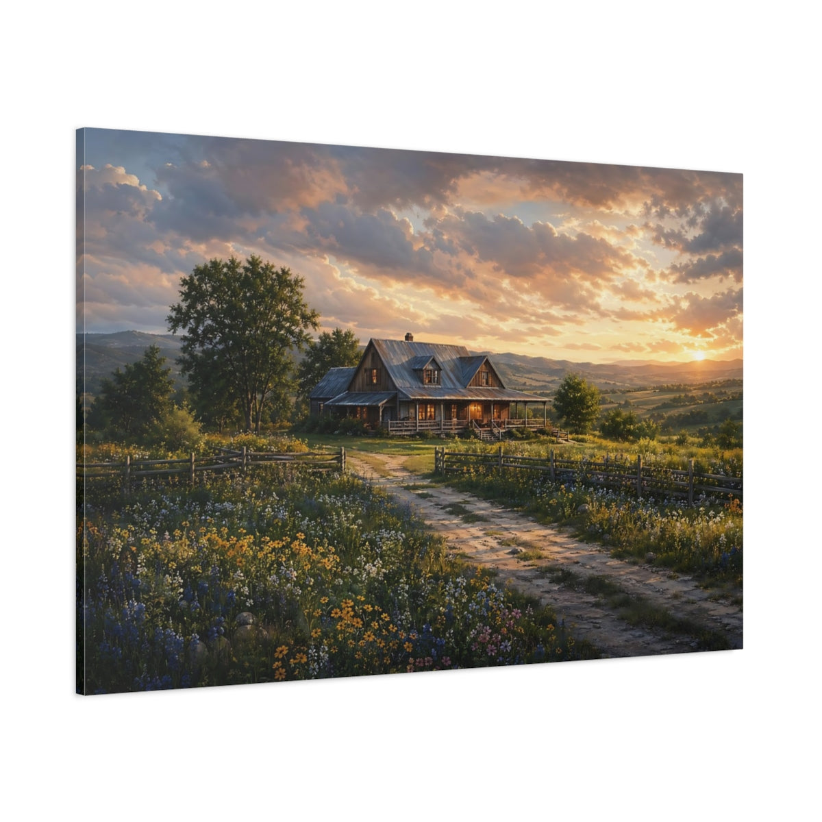 Side Mockup 1. Nature Farmhouse Rustic Sunset shown as stretched canvas wall art