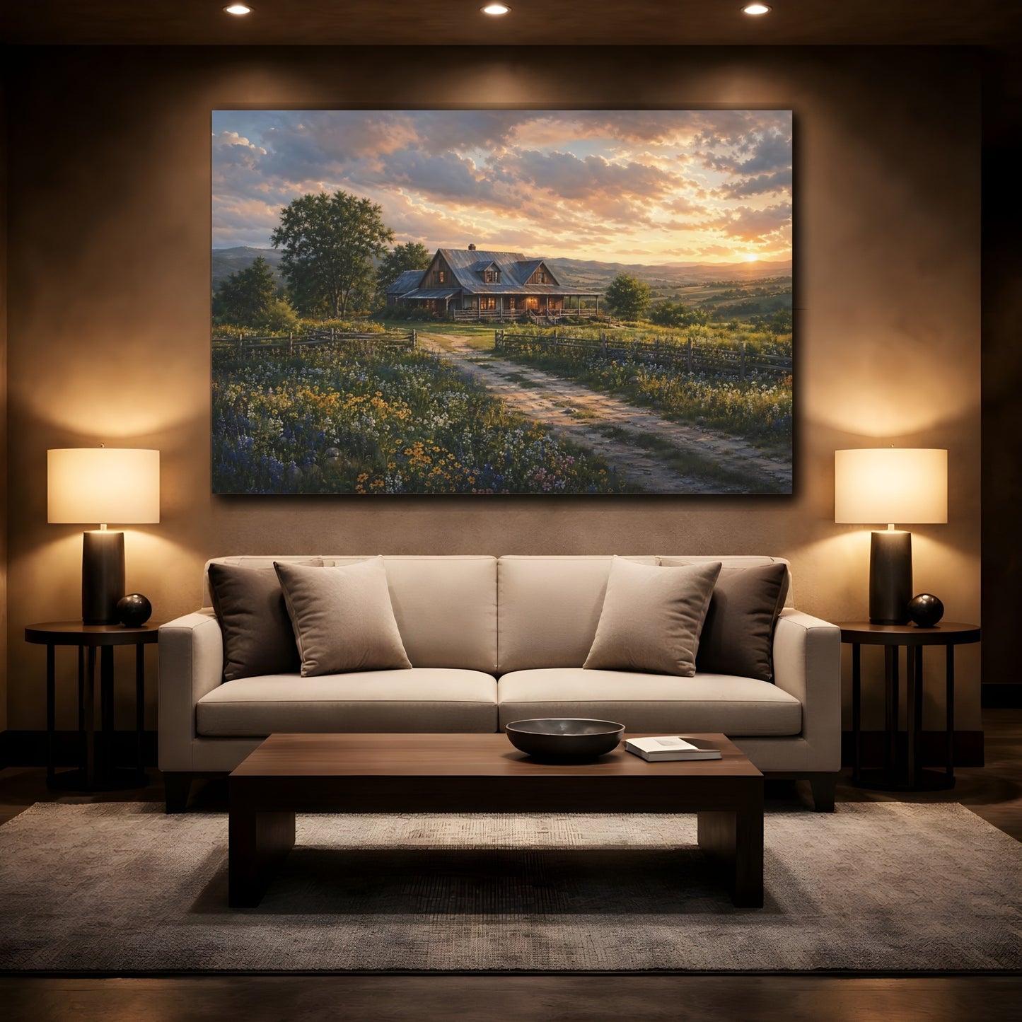 Mockup 2. Nature Farmhouse Rustic Sunset shown as stretched canvas wall art