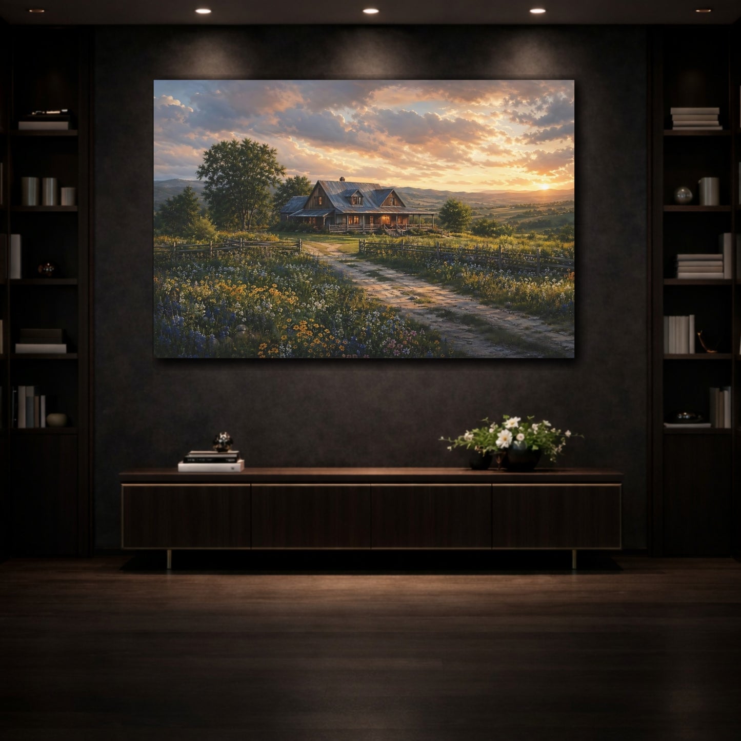 Mockup 3. Nature Farmhouse Rustic Sunset shown as stretched canvas wall art