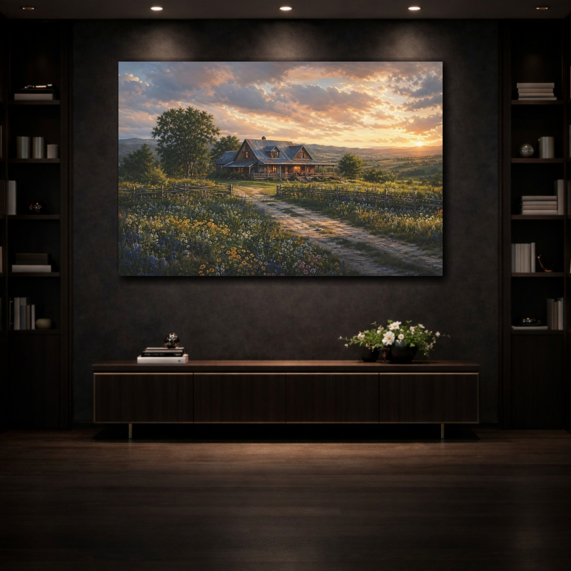 Mockup 3. Nature Farmhouse Rustic Sunset shown as stretched canvas wall art