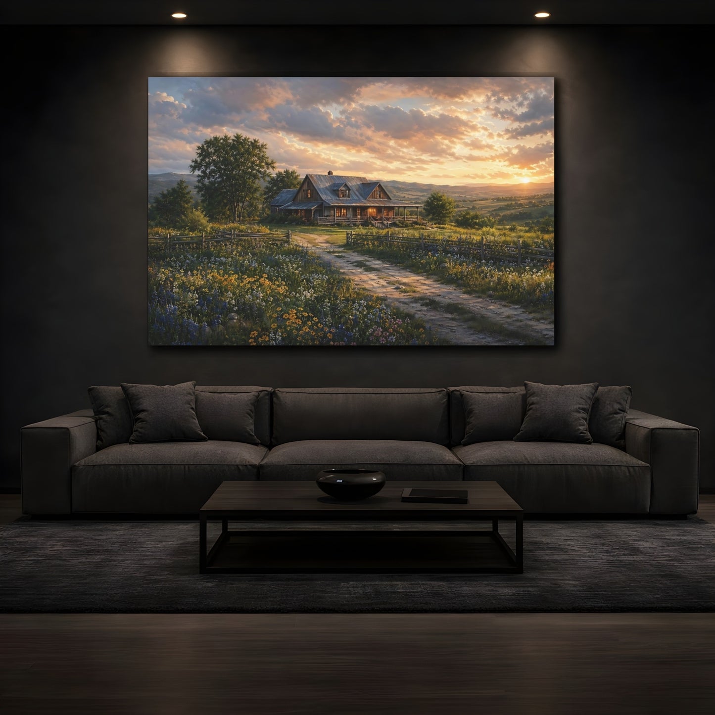 Mockup 4. Nature Farmhouse Rustic Sunset shown as stretched canvas wall art