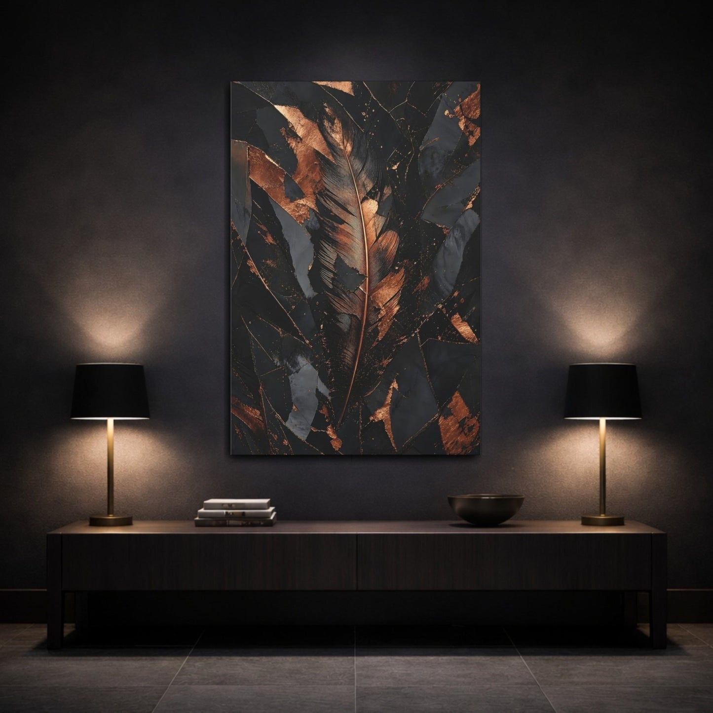 Nature Feather Black And Copper Canvas Print – Modern Living Room, Above Sofa - YesArtYes