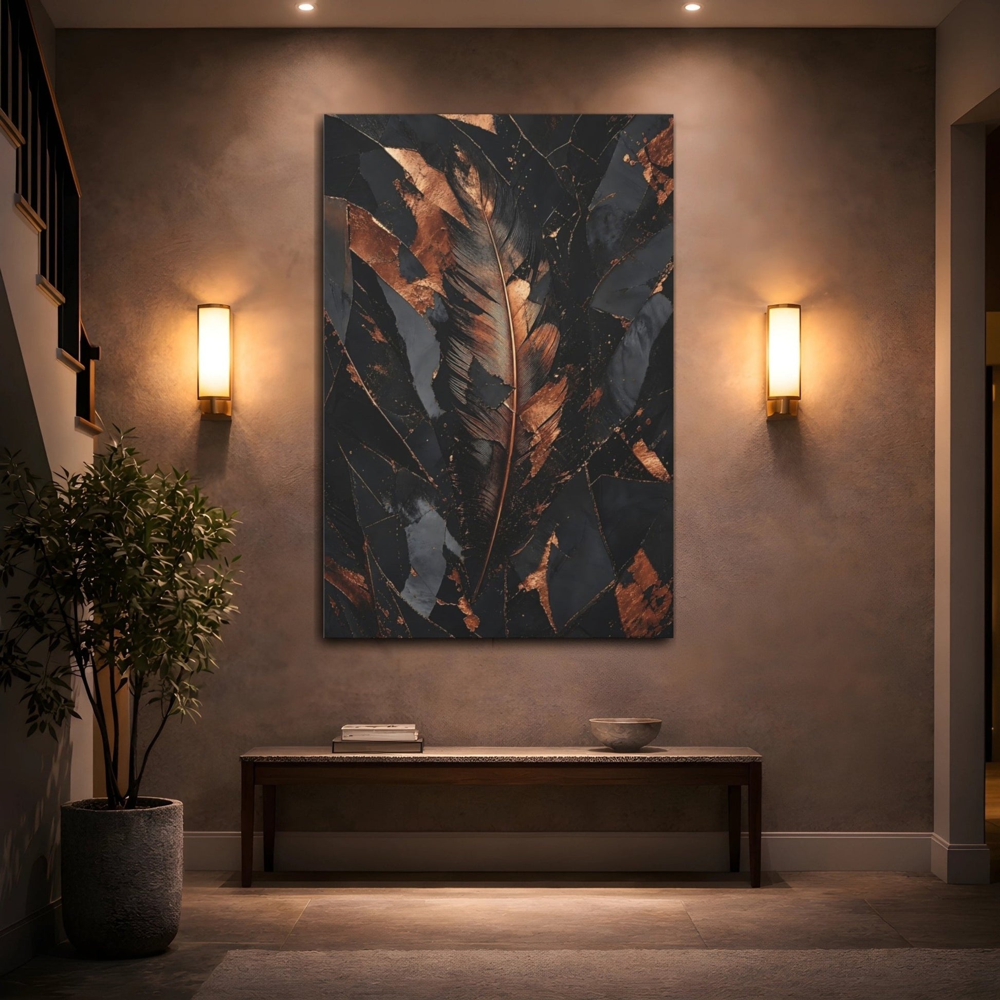 Nature Feather Black And Copper Canvas Print – Modern Living Room, Above Sofa - YesArtYes