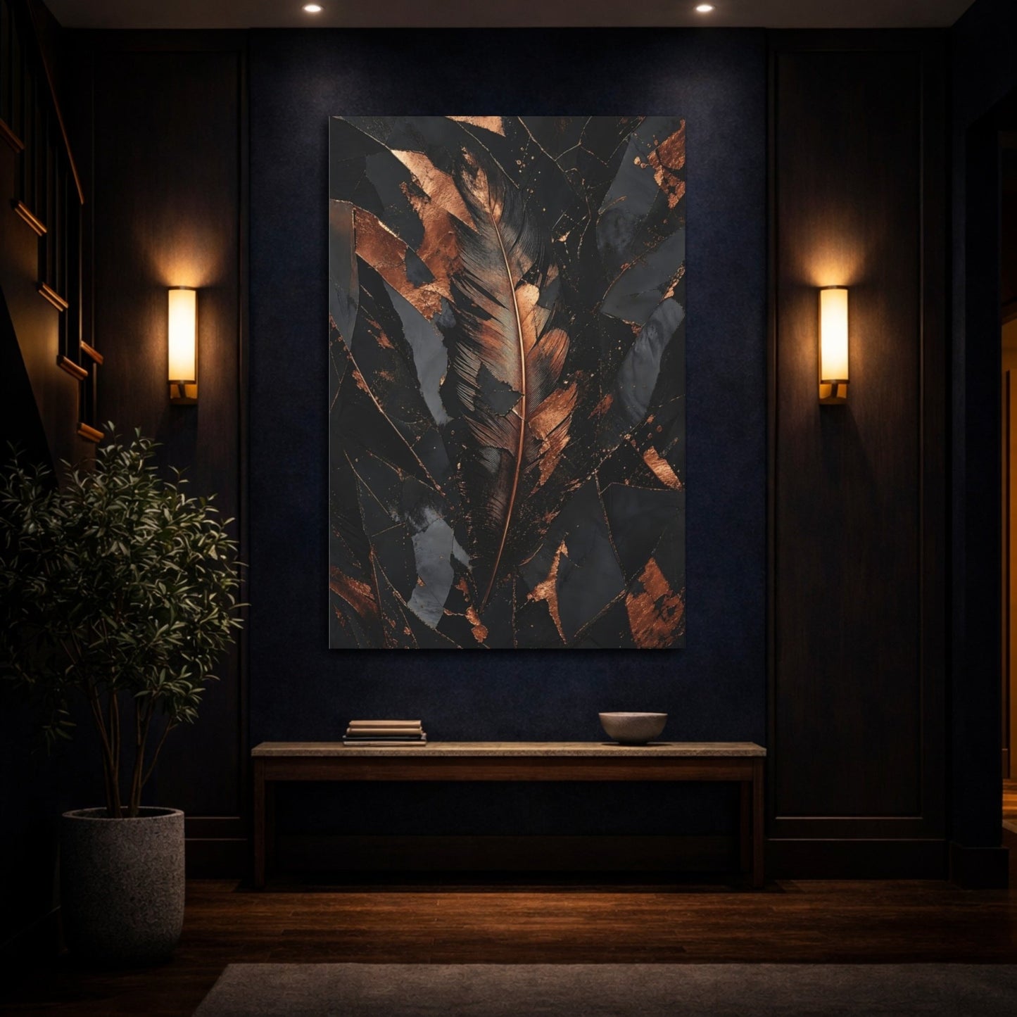 Nature Feather Black And Copper Canvas Print – Modern Living Room, Above Sofa - YesArtYes