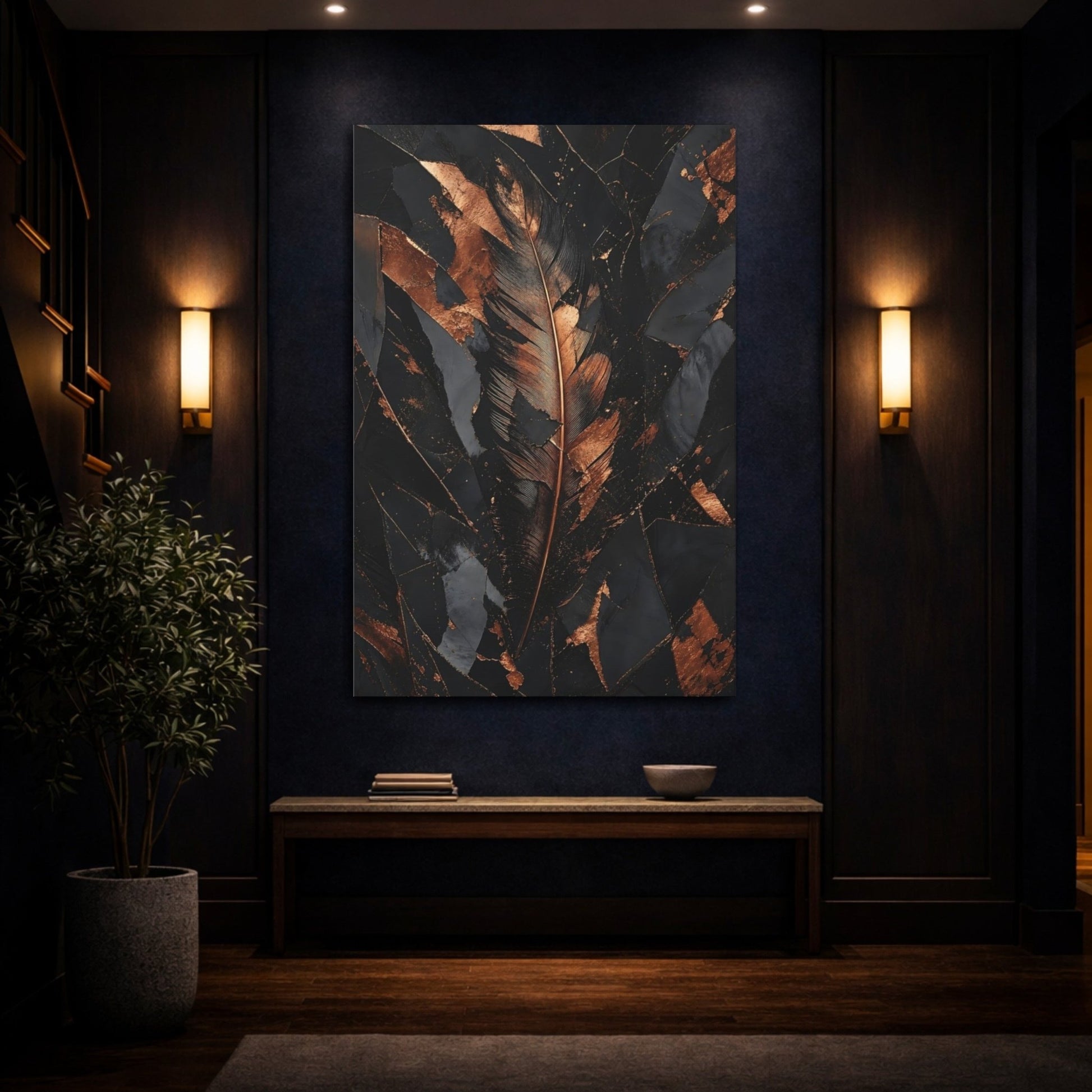 Nature Feather Black And Copper Canvas Print – Modern Living Room, Above Sofa - YesArtYes