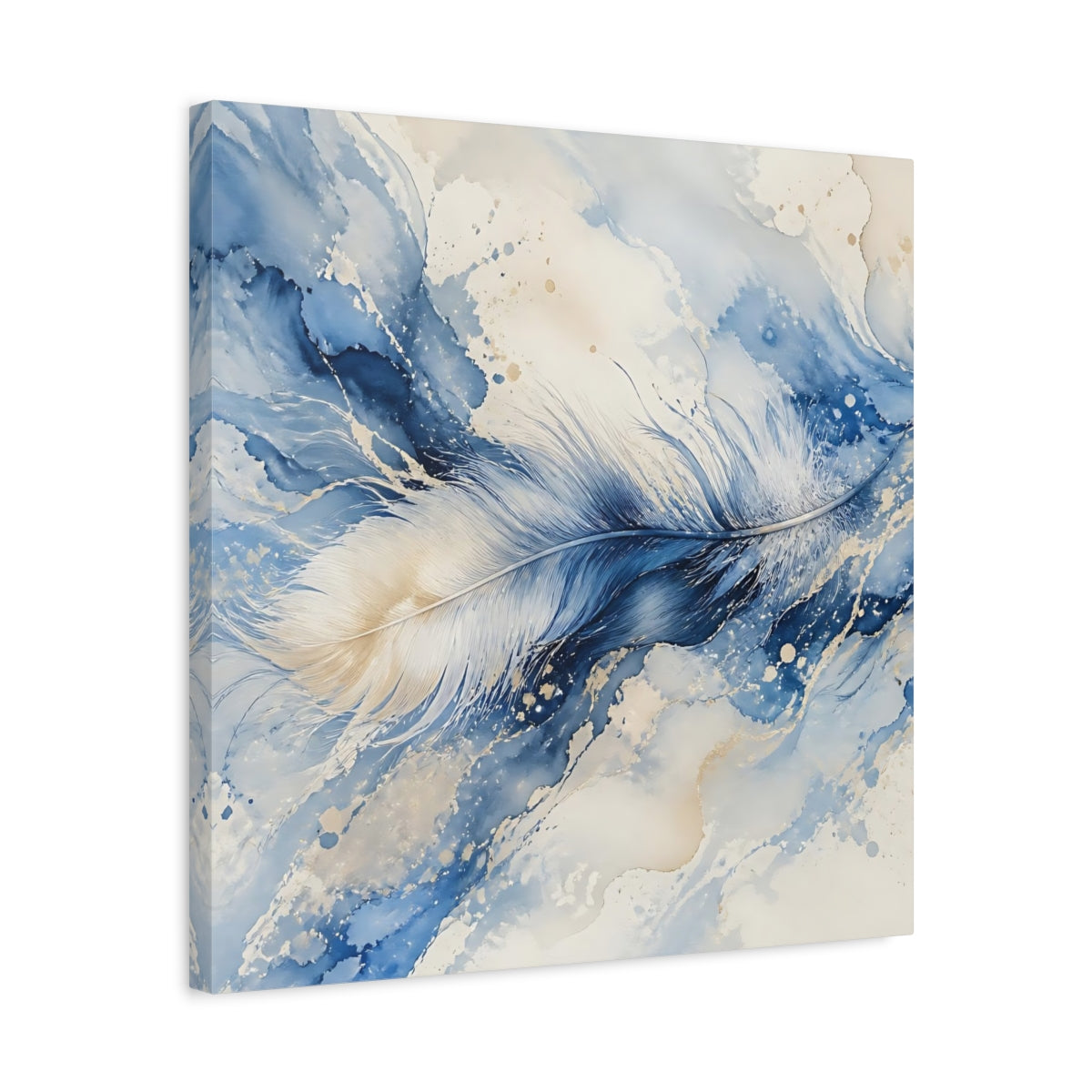 Side Mockup 5. Nature Feather Blue And Gold shown as stretched canvas wall art