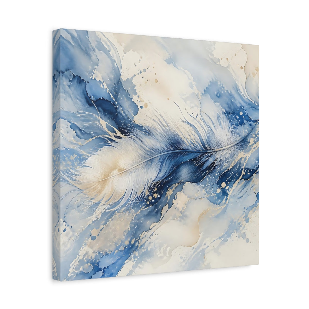Side Mockup 6. Nature Feather Blue And Gold shown as stretched canvas wall art