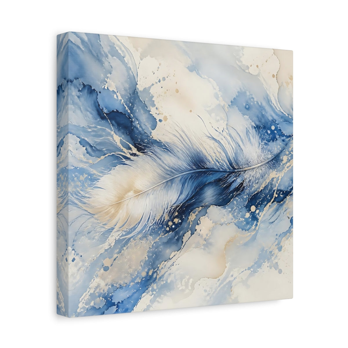 Side Mockup 8. Nature Feather Blue And Gold shown as stretched canvas wall art