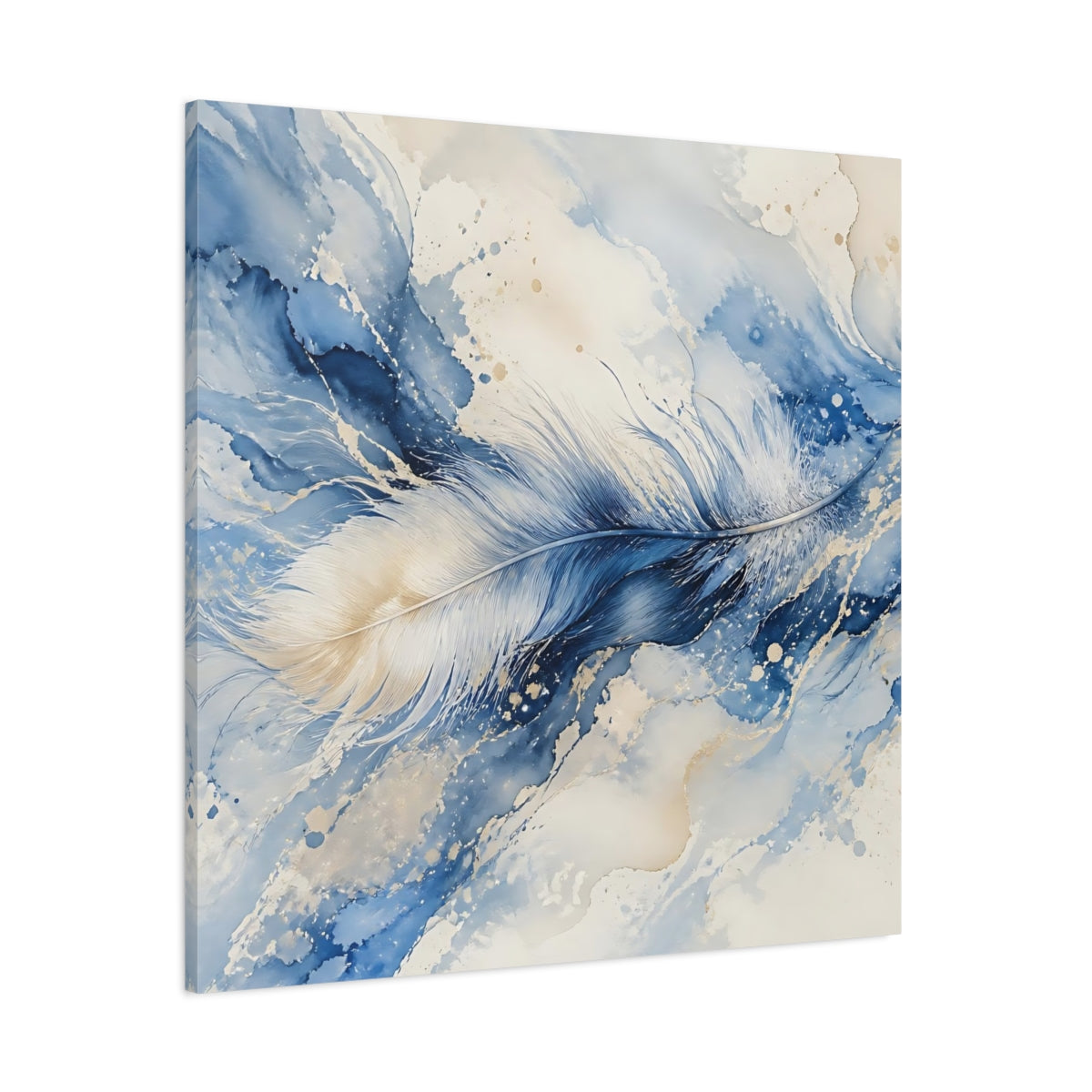 Side Mockup 1. Nature Feather Blue And Gold shown as stretched canvas wall art
