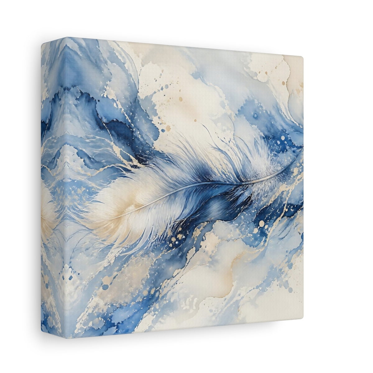 Side Mockup 2. Nature Feather Blue And Gold shown as stretched canvas wall art