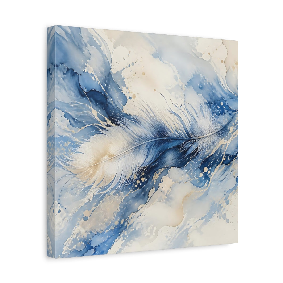 Side Mockup 7. Nature Feather Blue And Gold shown as stretched canvas wall art