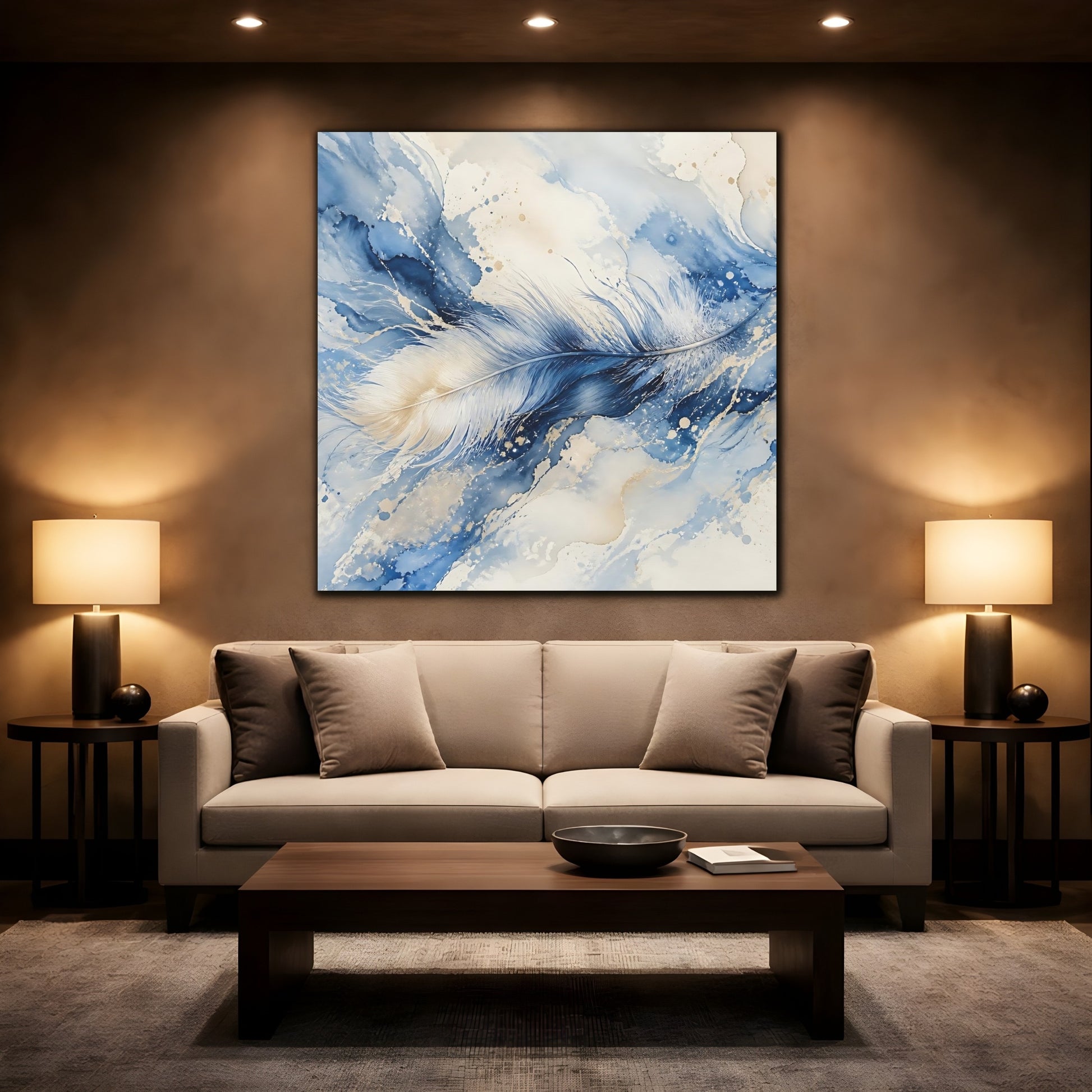 Mockup 2. Nature Feather Blue And Gold shown as stretched canvas wall art
