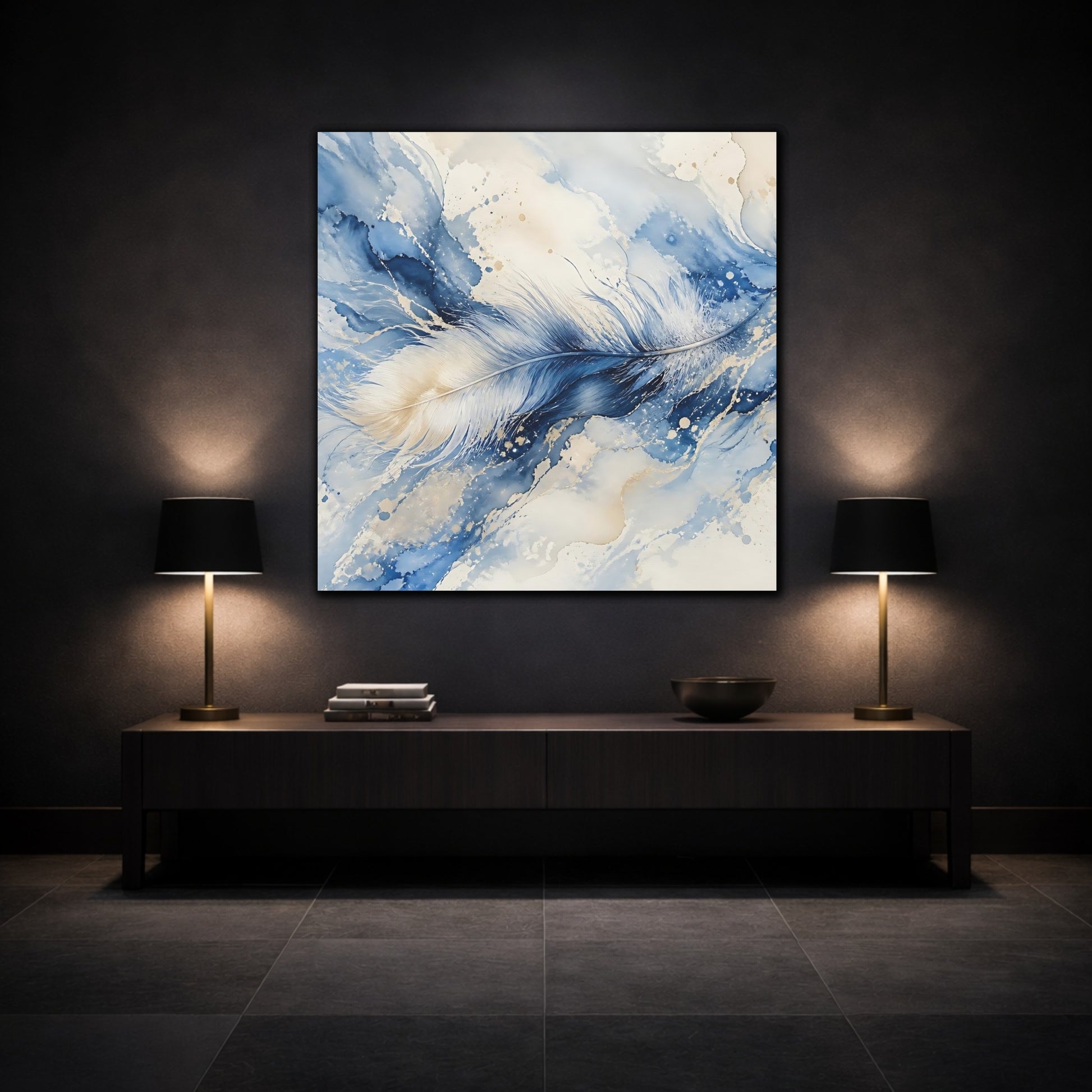 Mockup 3. Nature Feather Blue And Gold shown as stretched canvas wall art