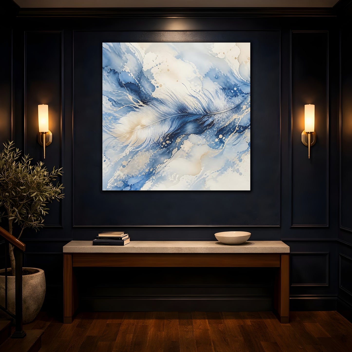 Mockup 4. Nature Feather Blue And Gold shown as stretched canvas wall art