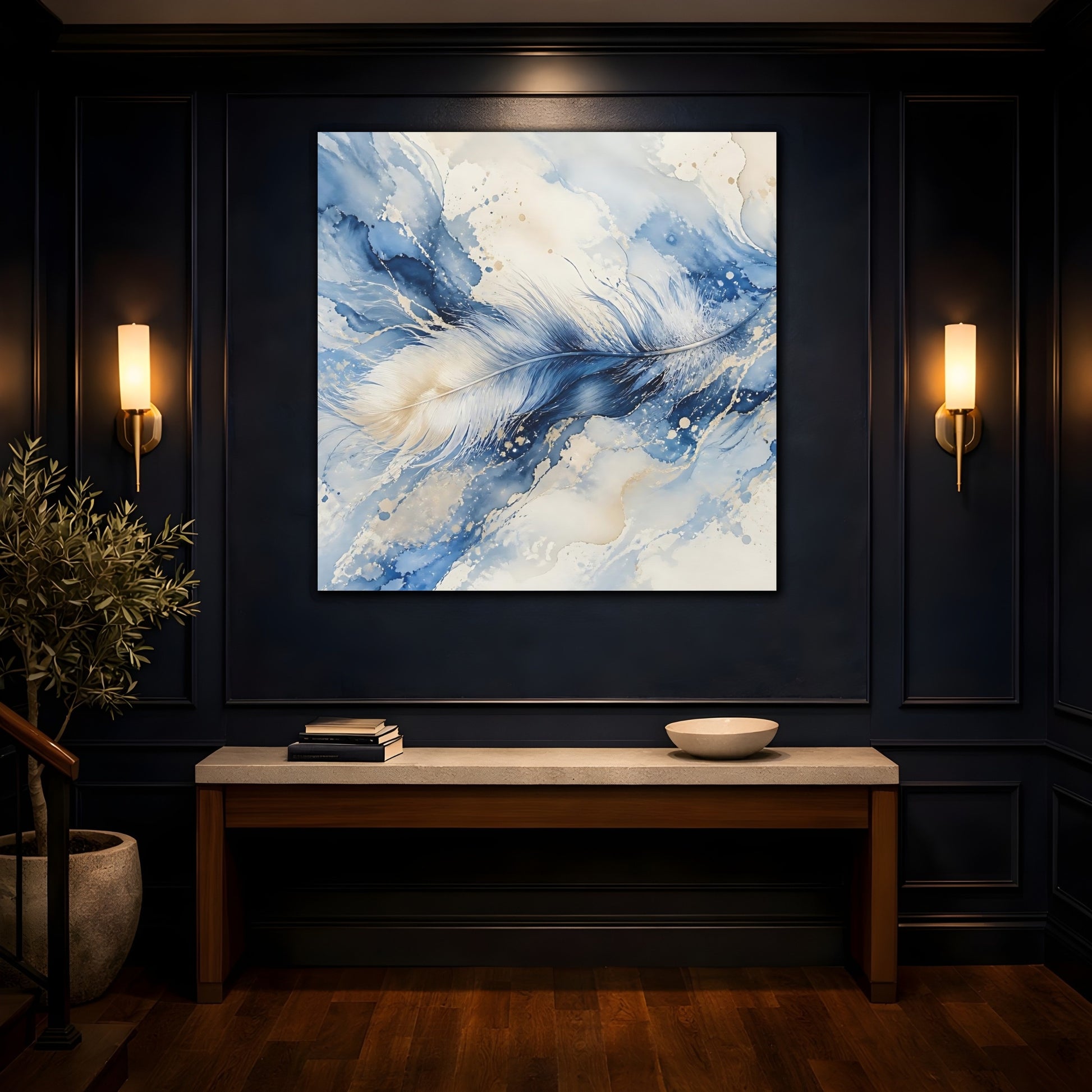 Mockup 4. Nature Feather Blue And Gold shown as stretched canvas wall art