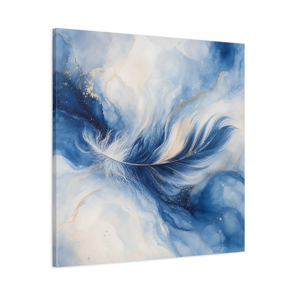 Main Mockup. Nature Feather Blue Feather Gold shown as stretched canvas wall art