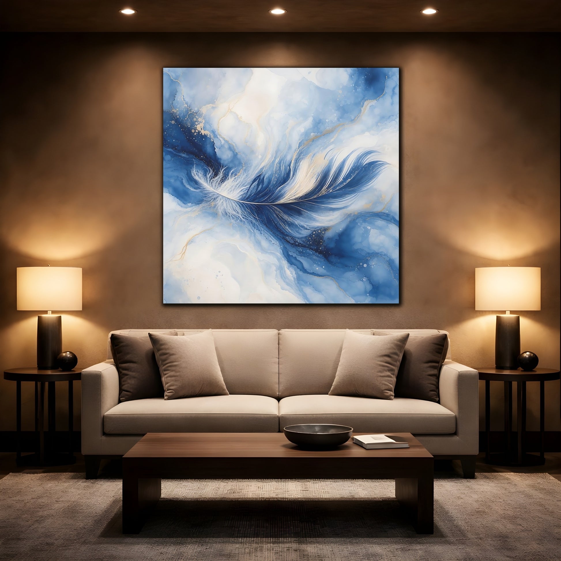 Mockup 2. Nature Feather Blue Feather Gold shown as stretched canvas wall art