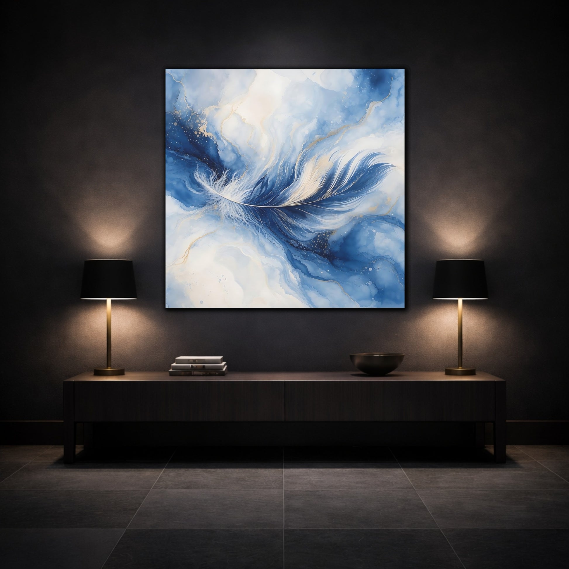 Mockup 3. Nature Feather Blue Feather Gold shown as stretched canvas wall art