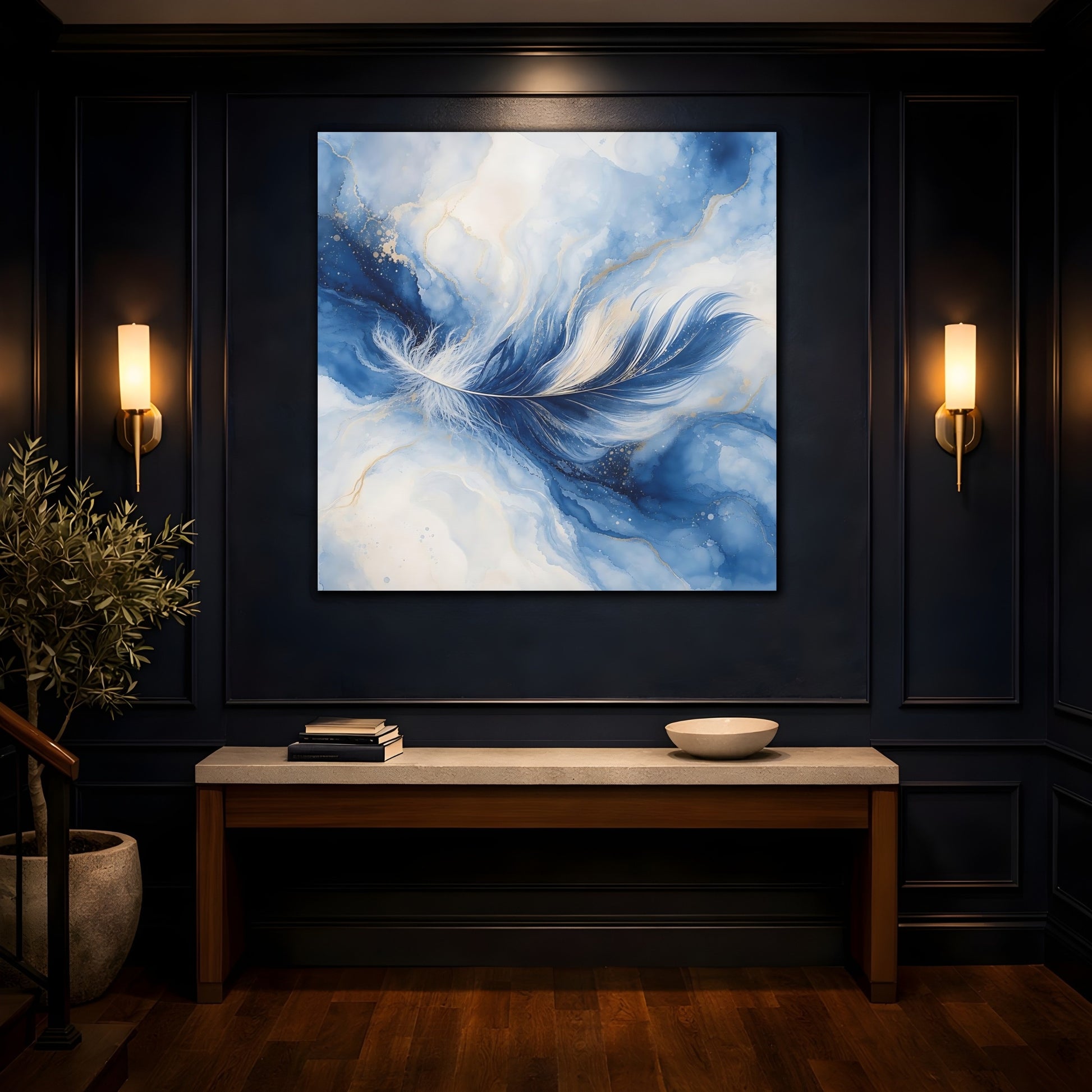 Mockup 4. Nature Feather Blue Feather Gold shown as stretched canvas wall art