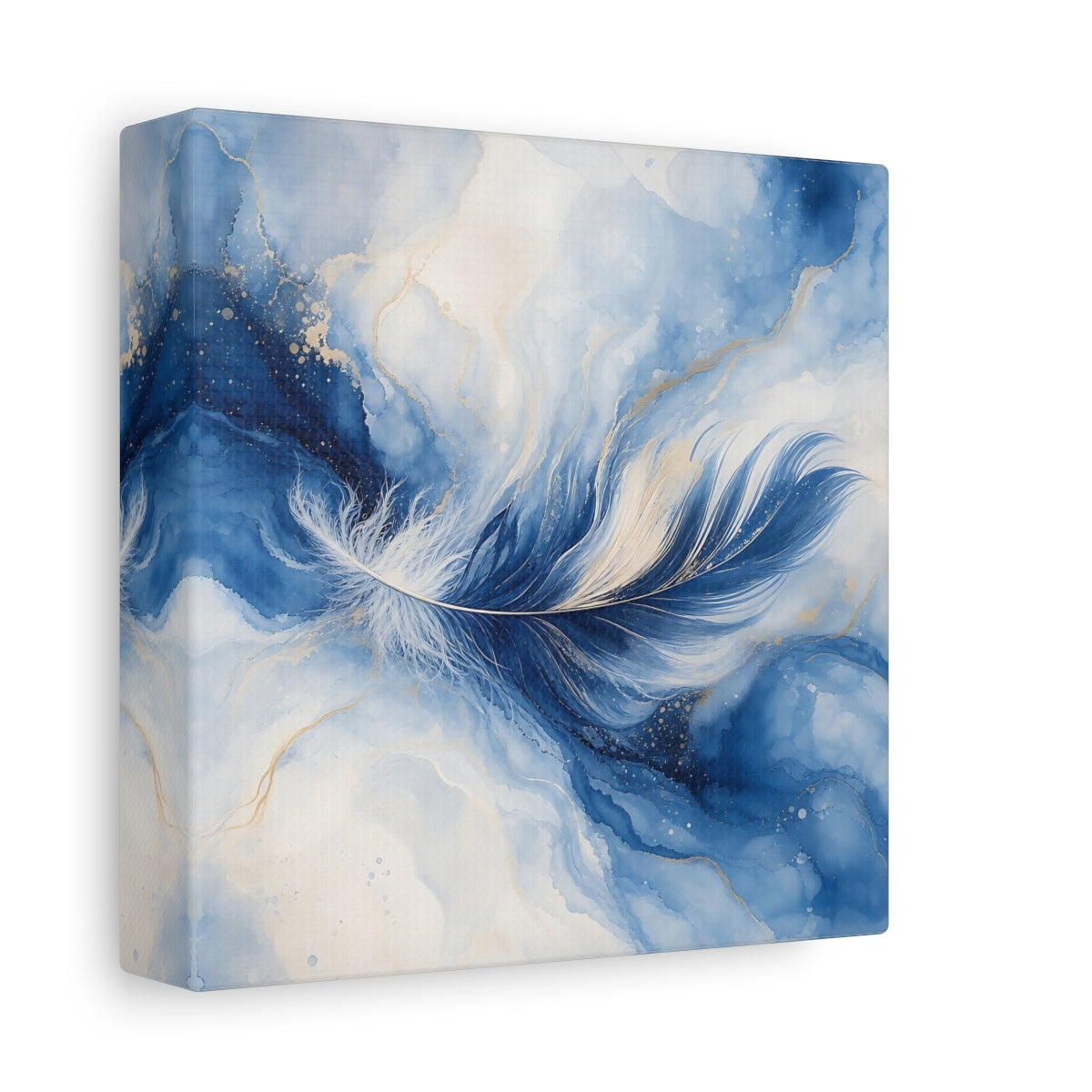 Side Mockup 2. Nature Feather Blue Feather Gold shown as stretched canvas wall art