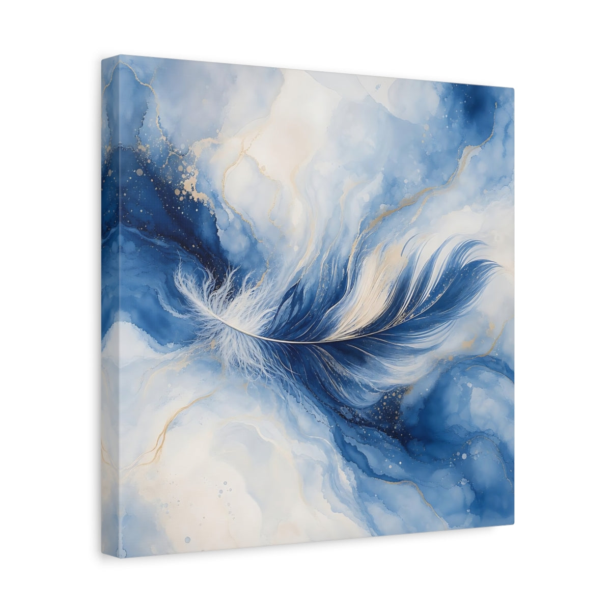 Side Mockup 7. Nature Feather Blue Feather Gold shown as stretched canvas wall art