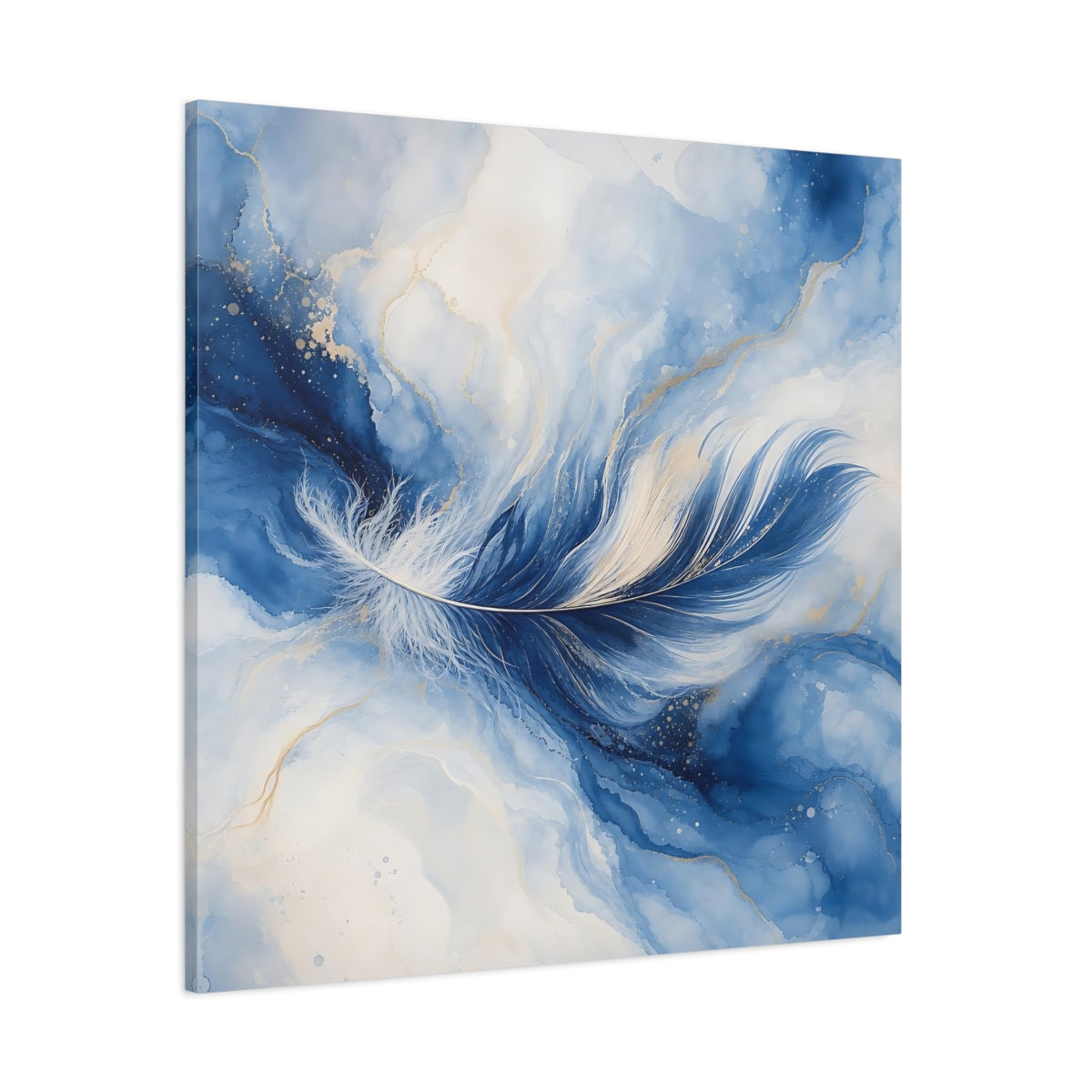 Side Mockup 1. Nature Feather Blue Feather Gold shown as stretched canvas wall art