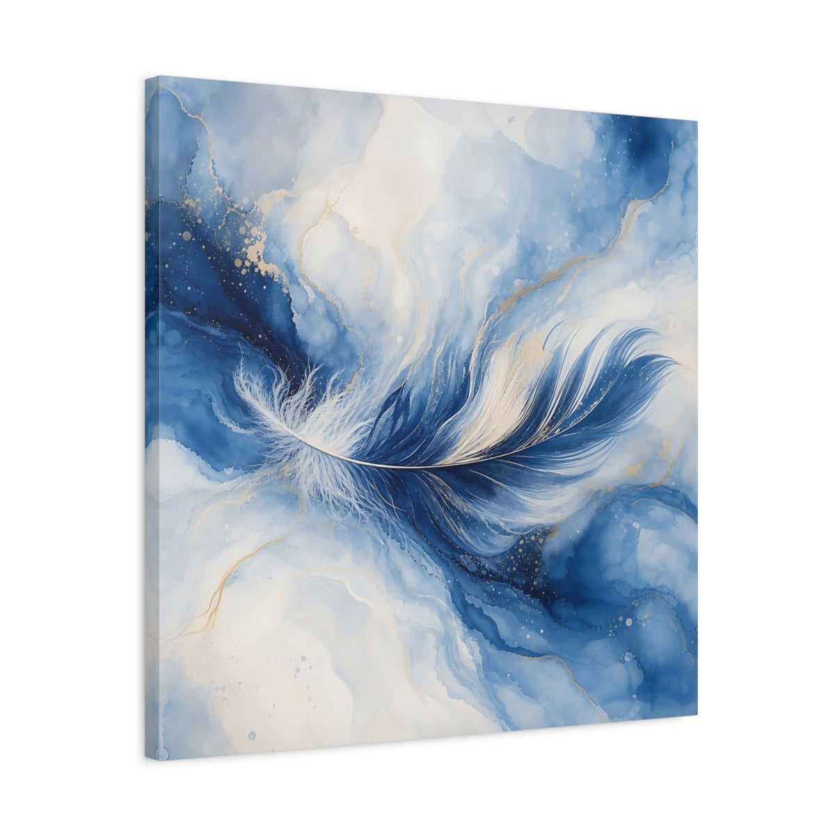 Side Mockup 4. Nature Feather Blue Feather Gold shown as stretched canvas wall art