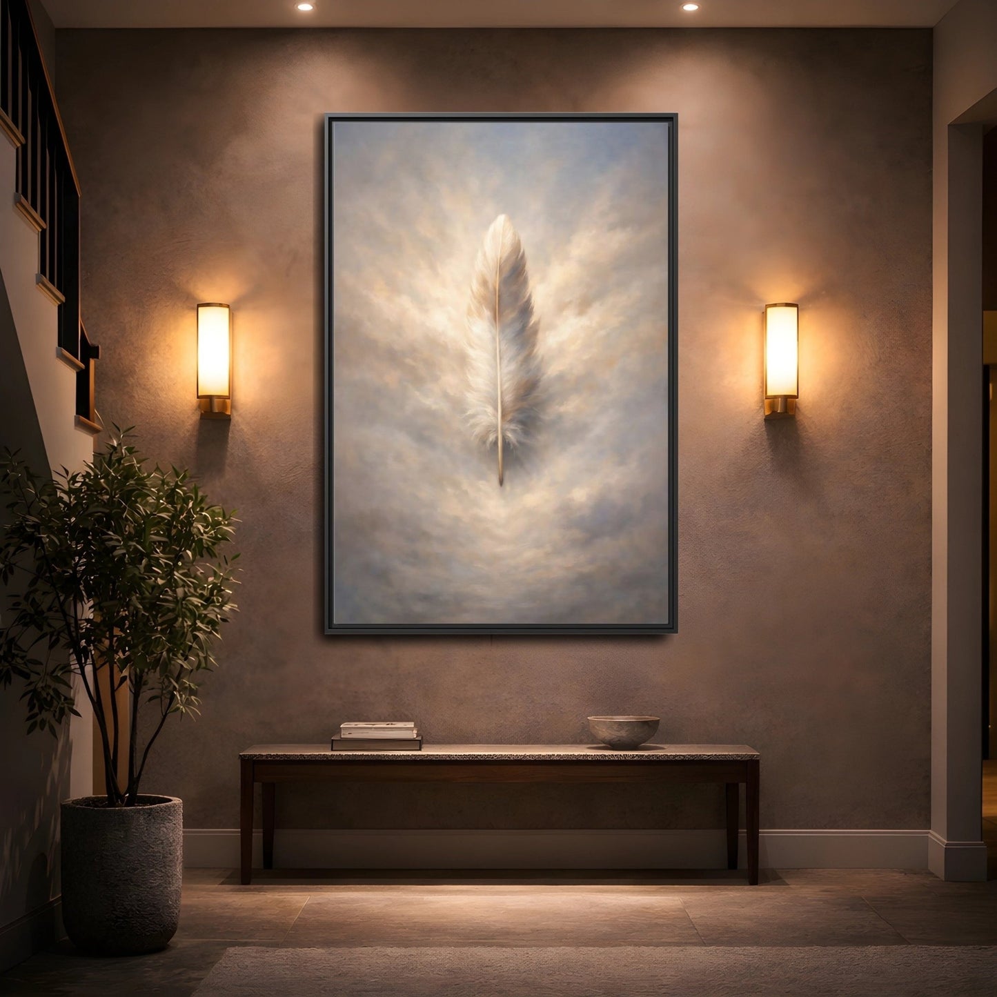 Nature Feather Brown Gray - Framed Canvas Wall Art Print - YesArtYes