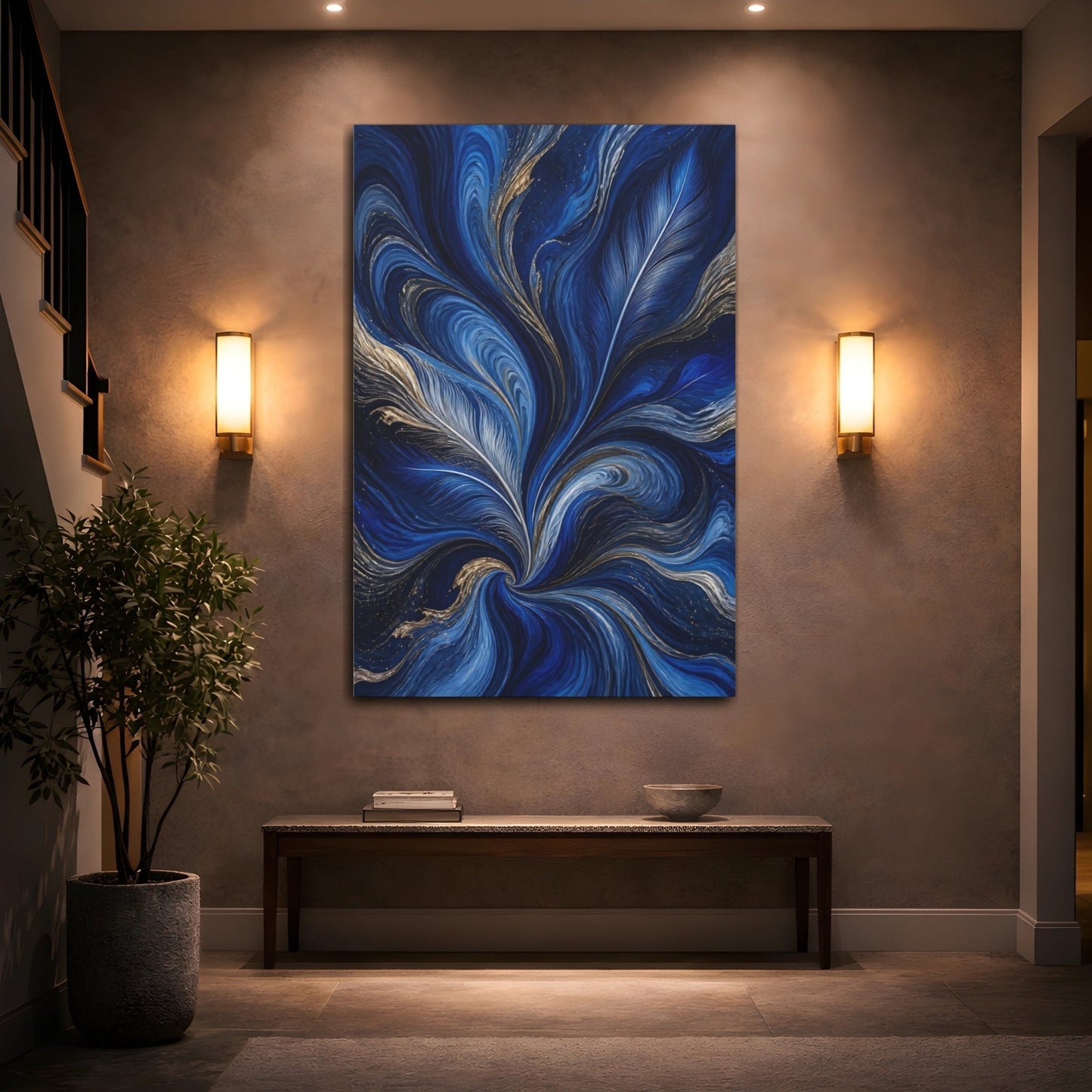 Nature Feather Swirls Blue And Gold Canvas Print – Living Room, Above Sofa - YesArtYes