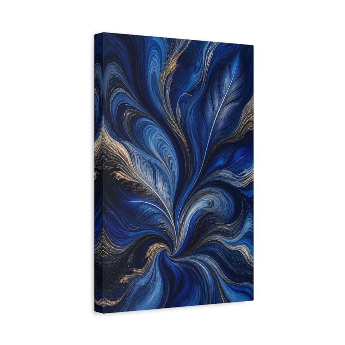 Nature Feather Swirls Blue And Gold Canvas Print – Living Room, Above Sofa - YesArtYes