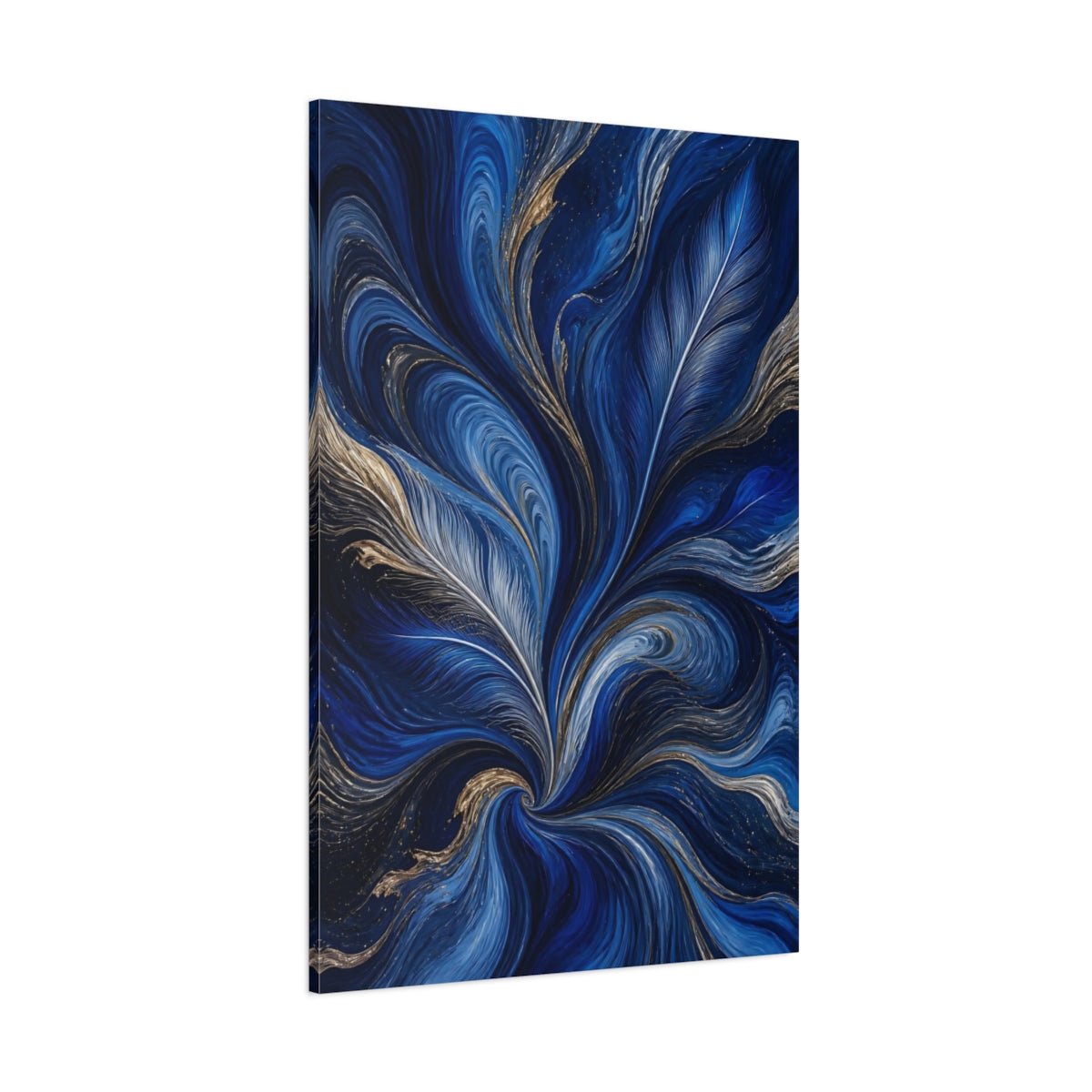 Nature Feather Swirls Blue And Gold Canvas Print – Living Room, Above Sofa - YesArtYes