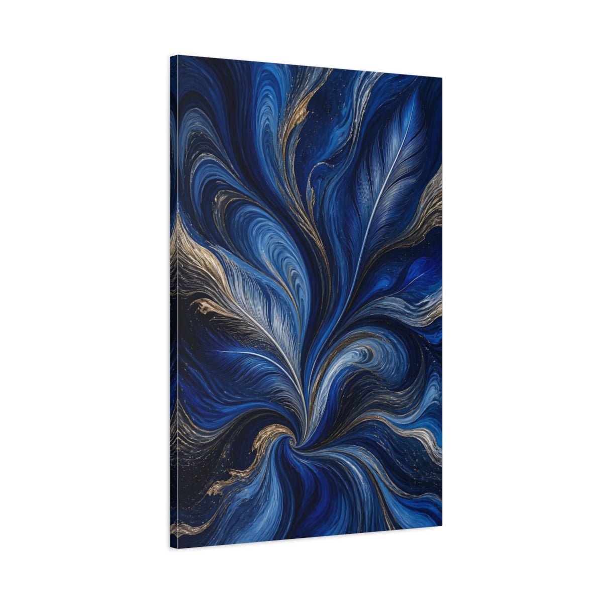 Nature Feather Swirls Blue And Gold Canvas Print – Living Room, Above Sofa - YesArtYes