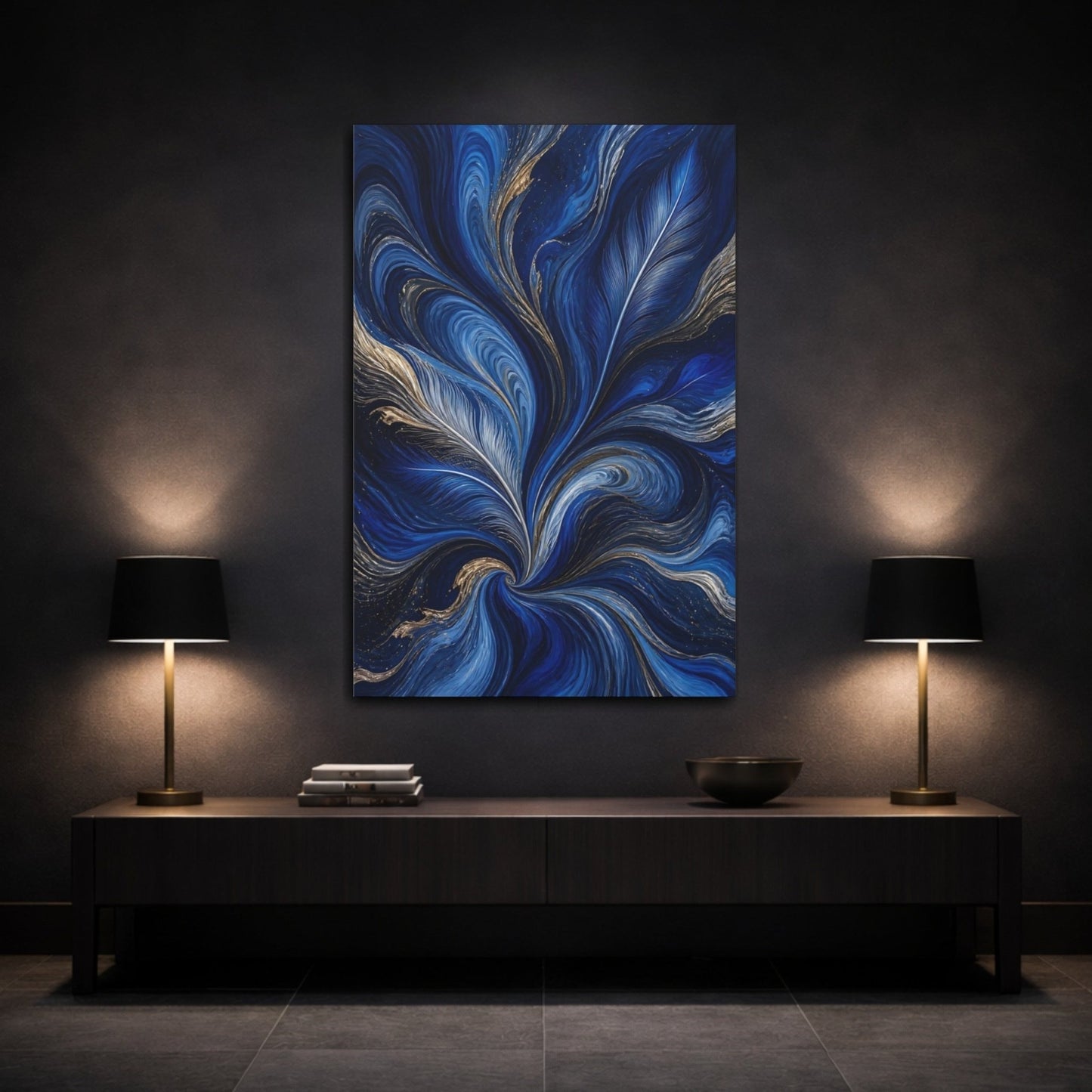 Nature Feather Swirls Blue And Gold Canvas Print – Living Room, Above Sofa - YesArtYes