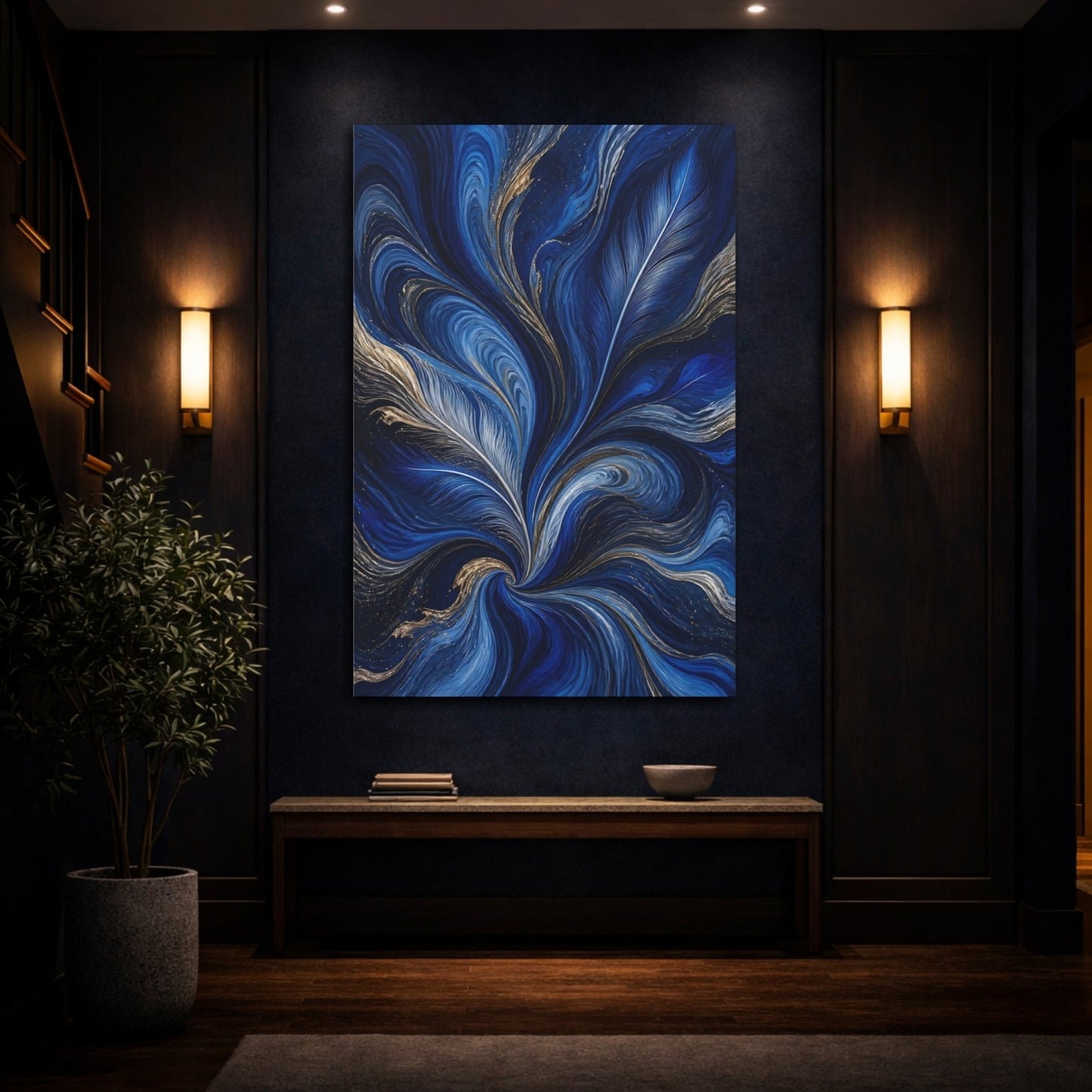 Nature Feather Swirls Blue And Gold Canvas Print – Living Room, Above Sofa - YesArtYes