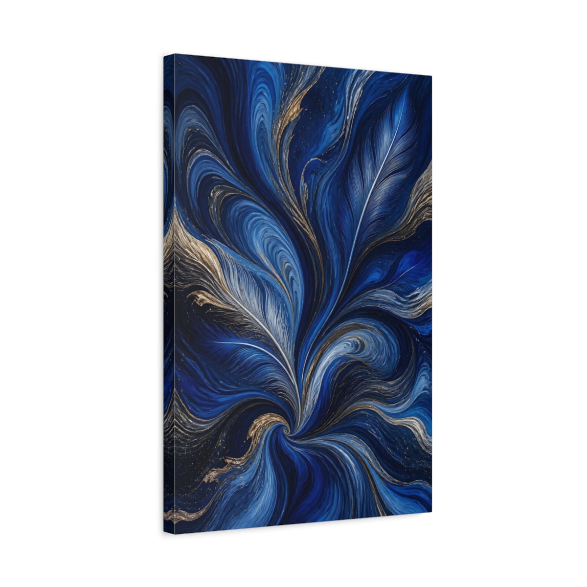Side Mockup 3. Nature Feather Swirls Blue And Gold Abstract shown as stretched canvas wall art