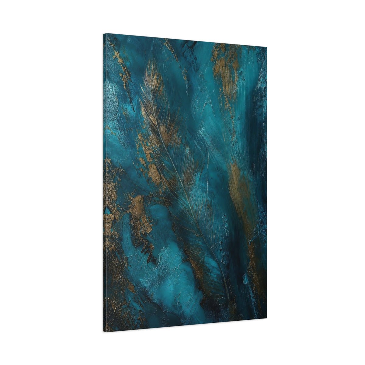 Nature Feather Teal And Gold Canvas Print – Abstract Living Room, Above Sofa - YesArtYes
