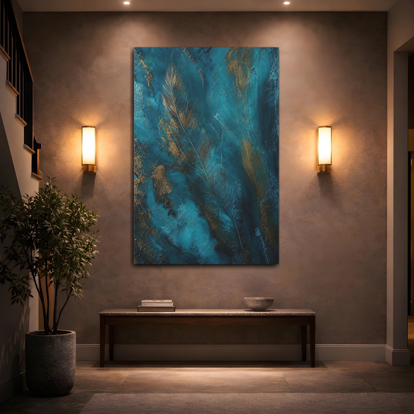 Nature Feather Teal And Gold Canvas Print – Abstract Living Room, Above Sofa - YesArtYes