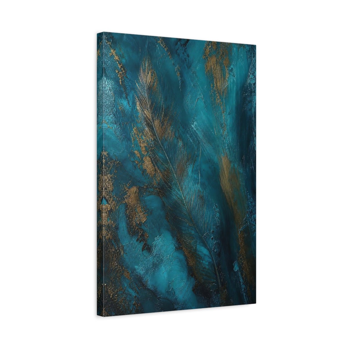Nature Feather Teal And Gold Canvas Print – Abstract Living Room, Above Sofa - YesArtYes
