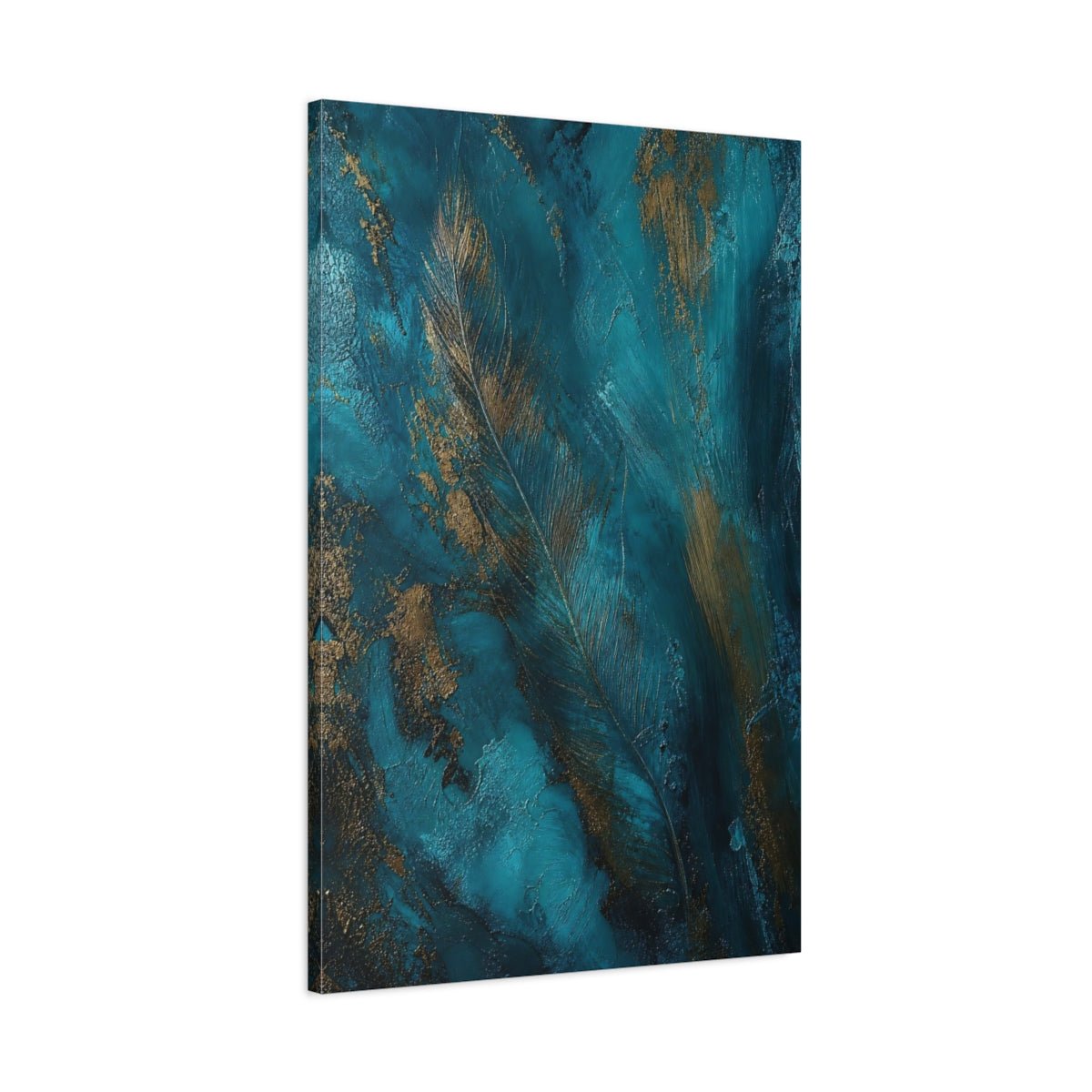 Nature Feather Teal And Gold Canvas Print – Abstract Living Room, Above Sofa - YesArtYes