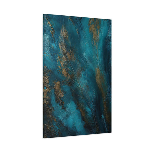 Nature Feather Teal And Gold Canvas Print – Abstract Living Room, Above Sofa - YesArtYes