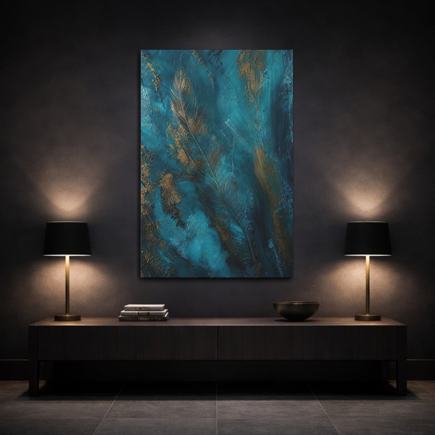 Nature Feather Teal And Gold Canvas Print – Abstract Living Room, Above Sofa - YesArtYes