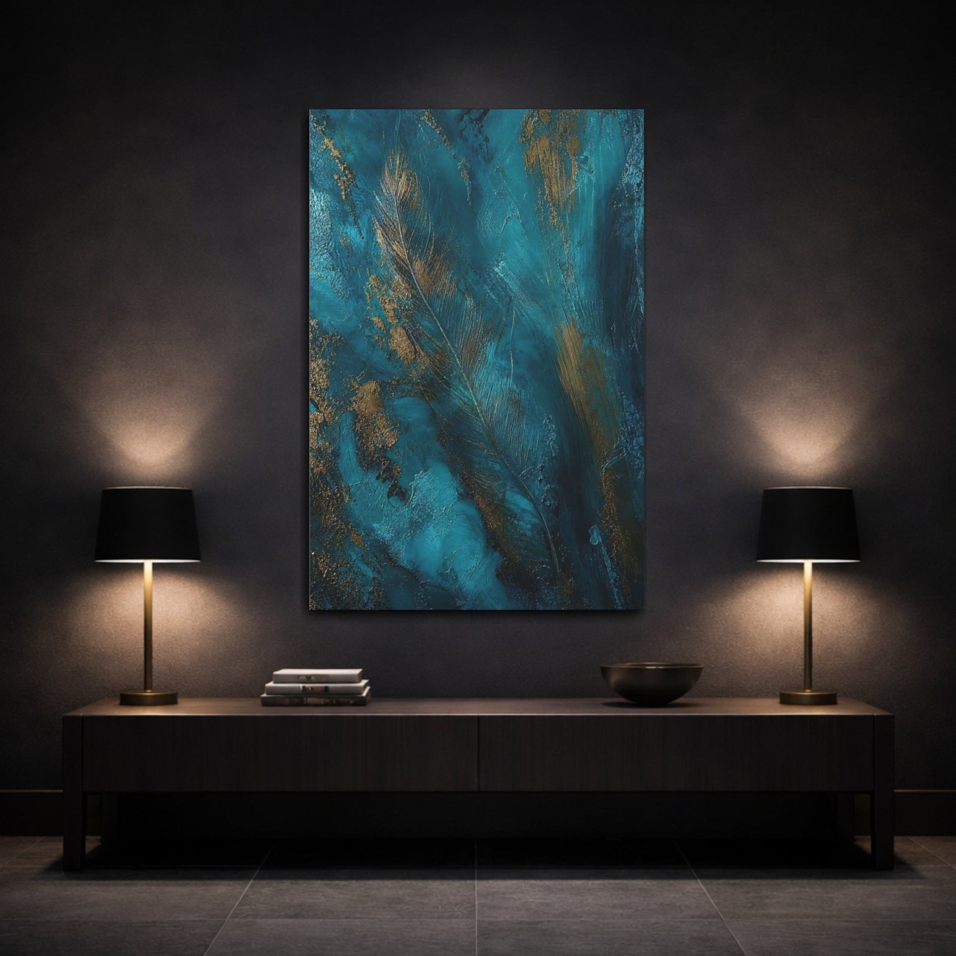 Nature Feather Teal And Gold Canvas Print – Abstract Living Room, Above Sofa - YesArtYes