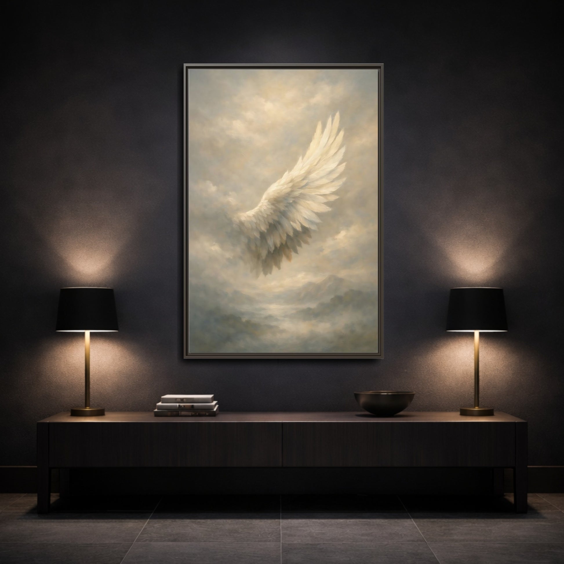 Mockup 2. Nature Feathered Wing Ethereal Wing shown as stretched canvas wall art