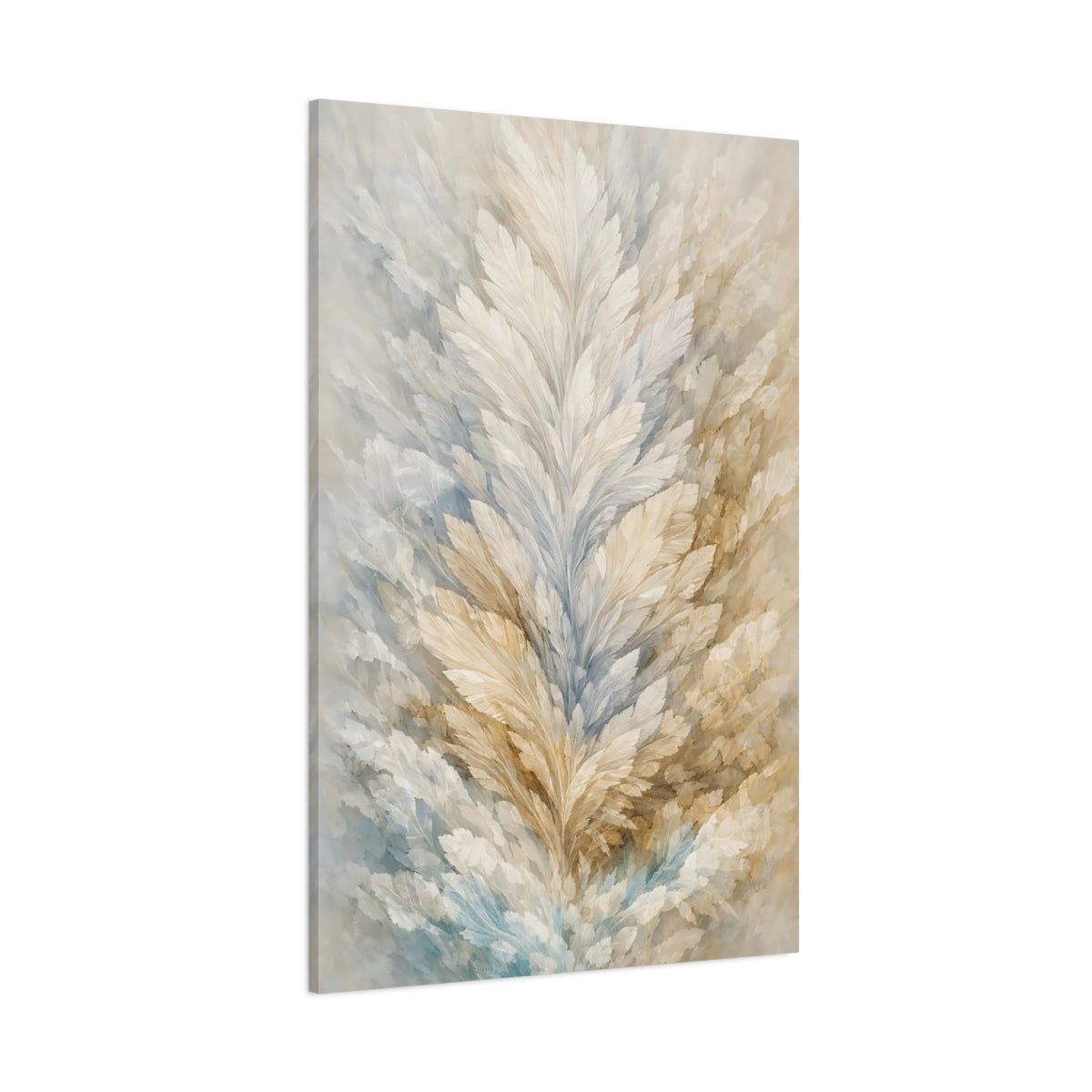 Nature Feathers Beige Blue Abstract shown as stretched canvas wall art