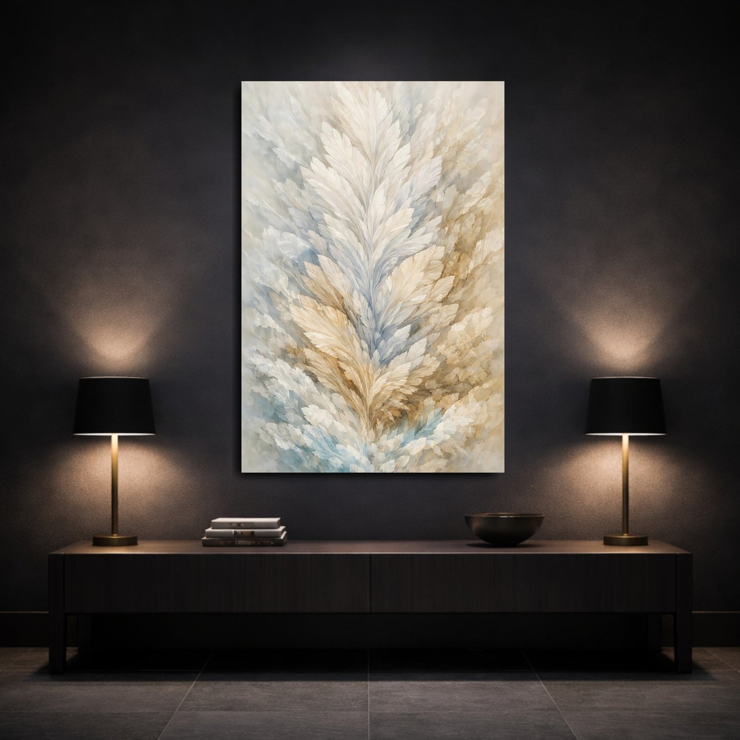 Nature Feathers Beige Blue Abstract shown as front canvas room wall art