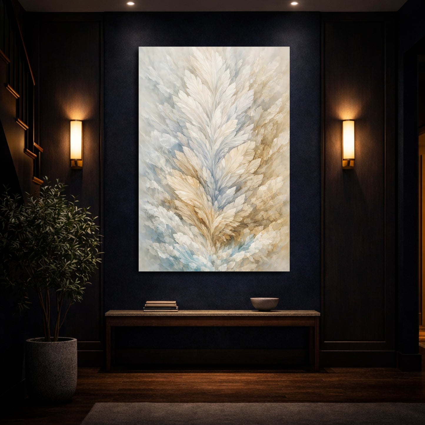 Nature Feathers Beige Blue Abstract shown as front canvas room wall art